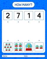 How many counting game with glass snow ball. worksheet for preschool kids, kids activity sheet vector