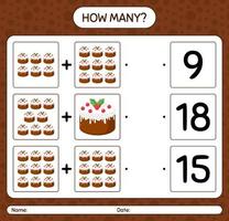 How many counting game with christmas cake. worksheet for preschool kids, kids activity sheet vector