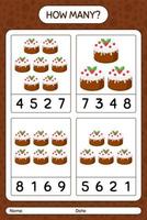 How many counting game with christmas cake. worksheet for preschool kids, kids activity sheet vector