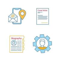Resume color icons set. Contact information, cover letter, personnel file, professional skills. Isolated vector illustrations