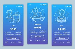 Tariff plans onboarding mobile app screens vector templates. Walkthrough website pages interface. Lite, standart, pro service prices. Smartphone subscription, membership payment web page layout