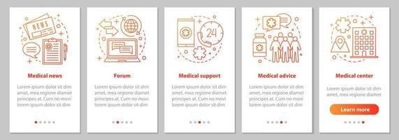 Medicine and healthcare onboarding mobile app page screen with linear concepts. Medical news, forum, advice, clinic, support steps graphic instructions. UX, UI, GUI vector template with illustrations