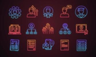 Resume neon light icons set. Professional skills, education, experience, abilities. Employment. Headhunting, recruitment. CV, cover, reference letters. Glowing signs. Vector isolated illustrations