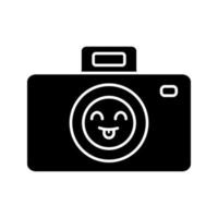 Smiling photo camera glyph icon. Easy photographing. Happy photo camera. Emoji, emoticon. Silhouette symbol. Negative space. Vector isolated illustration