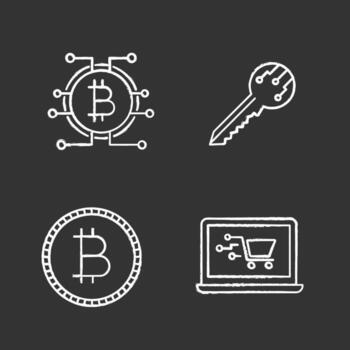 conjunto de iconos de tiza de criptomoneda bitcoin. clave digital, bitcoin con ruta de microchip, moneda, compras en línea. Ilustraciones de vector pizarra