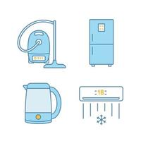 Household appliance color icons set. Vacuum cleaner, fridge, electric kettle, air conditioner. Isolated vector illustrations