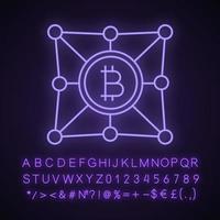 Blockchain network neon light icon. Bitcoin. Cryptocurrency. Digital money. Fintech and big data. Glowing sign with alphabet, numbers and symbols. Vector isolated illustration