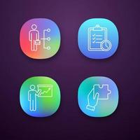 Business management app icons set. Employee skills, time management, presentation, finding solution. UI UX user interface. Web or mobile applications. Vector isolated illustrations