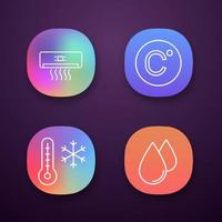 Air conditioning app icons set. UI UX user interface. Air conditioner, Celsius degree, winter temperature, humidification. Web or mobile applications. Vector isolated illustrations