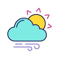 Partly cloudy and windy color icon. Sun with clouds and rain. Mostly cloudy. Weather forecast. Isolated vector illustration