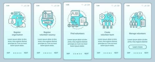 Volunteers finding onboarding mobile app page screen vector template. Humanitarian help. Volunteer program walkthrough website steps with linear illustrations. UX, UI, GUI smartphone interface concept