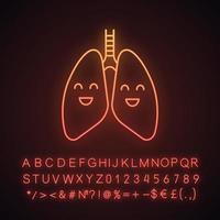 Smiling human lungs neon light icon. Respiratory health. Healthy pulmonary system. Glowing sign with alphabet, numbers and symbols. Vector isolated illustration