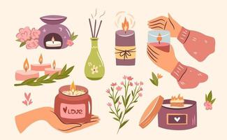 Juego de velas perfumadas. acogedora colección de velas en las manos, en un frasco. tiempo de higiene. set de aromaterapia y relajación. vector plano dibujado a mano.