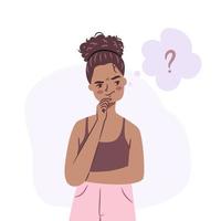 Confused black girl. Young african woman standing in doubt, thinking of dilemma. Puzzled isolated afro-american teenager. Flat character vector illustration.