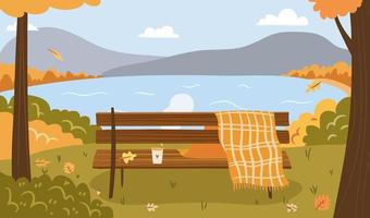 Autumn lake background. Fall park with bench, coffee to go, plaid blanket, mountains. Hand drawn vector illustration.