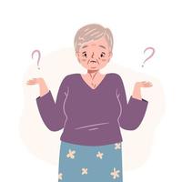 Confused old woman. Isolated senior woman standing in doubt, thinking of dilemma. Puzzled elderly lady shrugging. Flat character vector illustration.