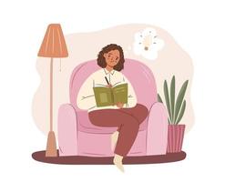 mujer escribiendo sentada en el concepto de sillón. chica afroamericana que tiene una idea. acogedora escena casera con sillón, planta, lámpara. ilustración vectorial plana vector