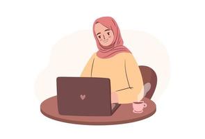 Happy student in hijab. Empowered business woman or freelancer working on laptop. Muslim woman with laptop in cafe or home. vector