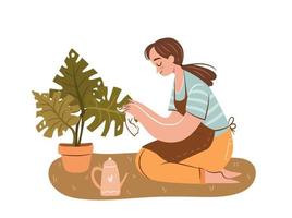 Happy plant lady. Young woman plant lover taking care of houseplant. Girl with potted plant. Flat vector illustration on white background