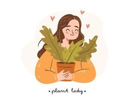 Happy plant lady. Young woman plant lover embracing a potted houseplant. Cute girl character on white background. Flat vector illustration