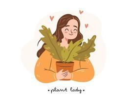 señora de la planta feliz. mujer joven amante de las plantas abrazando una planta de interior en maceta. lindo personaje de chica sobre fondo blanco. ilustración vectorial plana vector