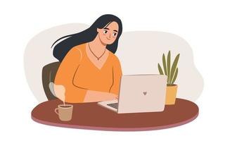 Set of women with laptops at home. Empowered business woman or freelancer working on computer at home or cafe. Flat vector illustration.