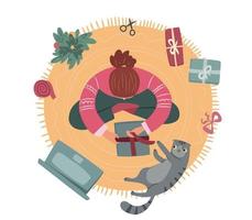 Girl wraps Christmas presents. Top view of a girl and cat wrapping xmas gifts on white background. Flat vector illustration