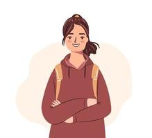 Happy teenager with acne. Student girl in hoodie isolated on white background. Flat vector illustration.