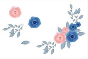 conjunto de flores azules rosadas y clipart de hojas aisladas vector