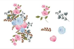 Set of blue pink flowers and green brown leaf clipart isolated vector