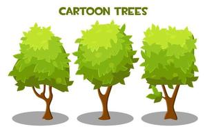 Vector illustration of a set of green trees of different shapes. Collection of isolated trees with green leaves.