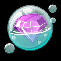 una hermosa joya en una burbuja de jabón de dibujos animados. diamante violeta en una linda burbuja. vector
