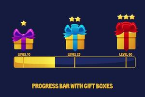 barra de progreso vectorial con cajas de regalo para la interfaz de usuario del juego vector