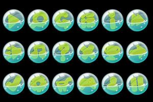 conjunto de botones verdes en pompas de jabón para la interfaz. una colección de burbujas con opciones para el juego. vector