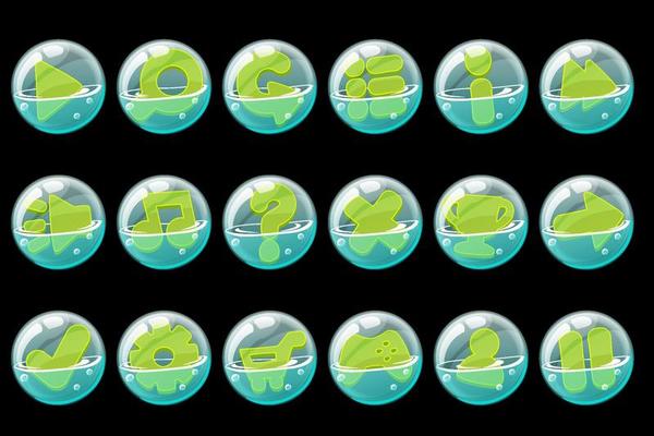Set of green buttons in soap bubbles for the interface. A collection of bubbles with options for the game.