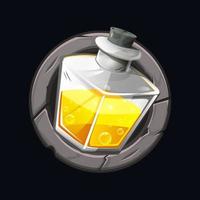 Illustration of a magic potion icon in a stone frame. Vector square bottle with elixir or potion.