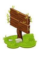 Vector wooden board pointer in isometric with branches. Illustration of a green lawn with grass.