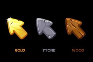 Collection of vector isolated old cursors or arrows. Retro beaten arrows wooden, stone and gold.