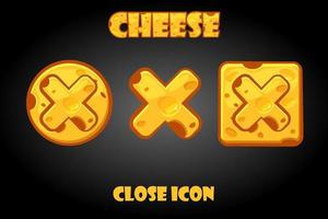 Vector set of cheesy buttons close for game. Collection of cross sign icons for menu interface.