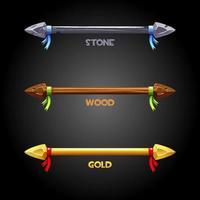 Gold, wooden, stone spears with a ribbon for the flag. Vector set of icons of old weapons for the game.