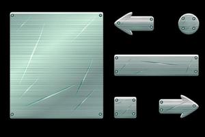 Metallic old user interface and game buttons. Vector illustration of game menu window template with cracks.