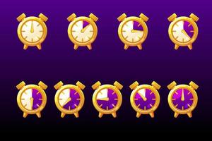 barra de línea de tiempo, iconos de reloj para el juego. ilustración vectorial establecer indicador de línea de reloj violeta para gui. vector