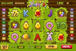 Easter slots, garden slots for GUI games. Vector illustration of a farm holiday custom gambling window.