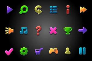 Colored bright round buttons for the game. Vector set of multicolored icons of signs GUI menu.