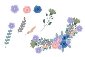 Set of brown blue floral elements and arrangements vector