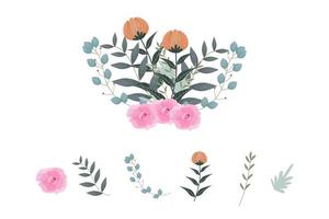 Set of pink floral elements and arrangements vector