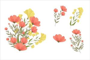 Set of yellow red floral elements and arrangements vector