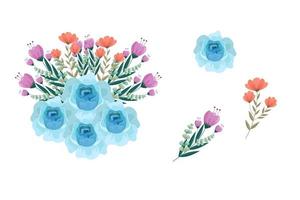 Set of blue brown floral elements and arrangements vector