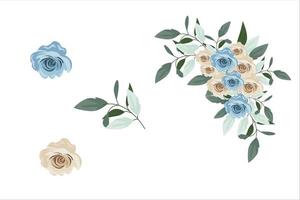 Set of blue brown flowers and green leaf clipart isolated vector