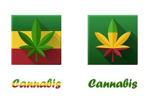Set of square icons with cannabis, hashish and marijuana. Leaves of narcotic grass and flag. vector